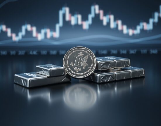 Silver bullion coins and bars on a reflective surface with a financial chart in the background.