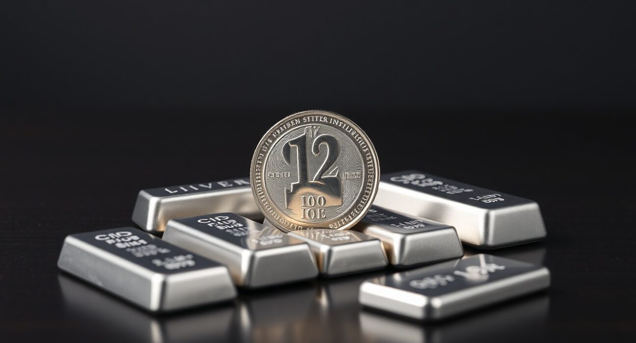 Silver bullion coin and bars on a dark surface, representing the silver price forecast and XAG/USD market analysis.