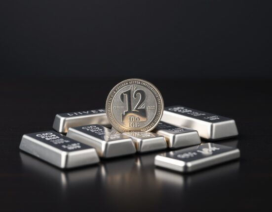 Silver bullion coin and bars on a dark surface, representing the silver price forecast and XAG/USD market analysis.
