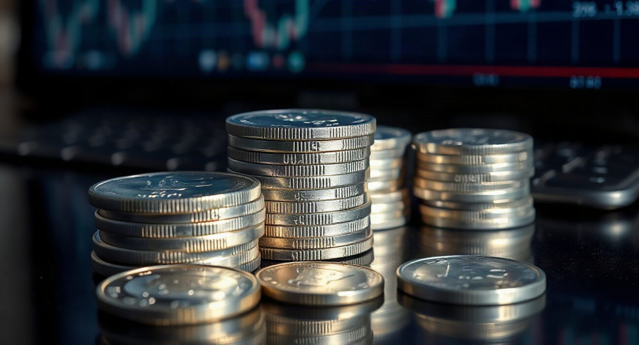 Silver bullion coins and bars on a reflective surface with a financial chart background