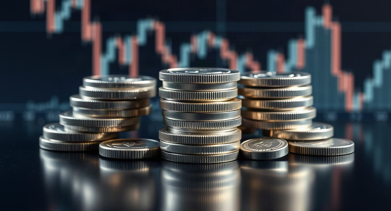 Silver bars and coins on a dark surface with a subtle chart overlay, representing silver price analysis.