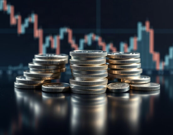 Silver bars and coins on a dark surface with a subtle chart overlay, representing silver price analysis.