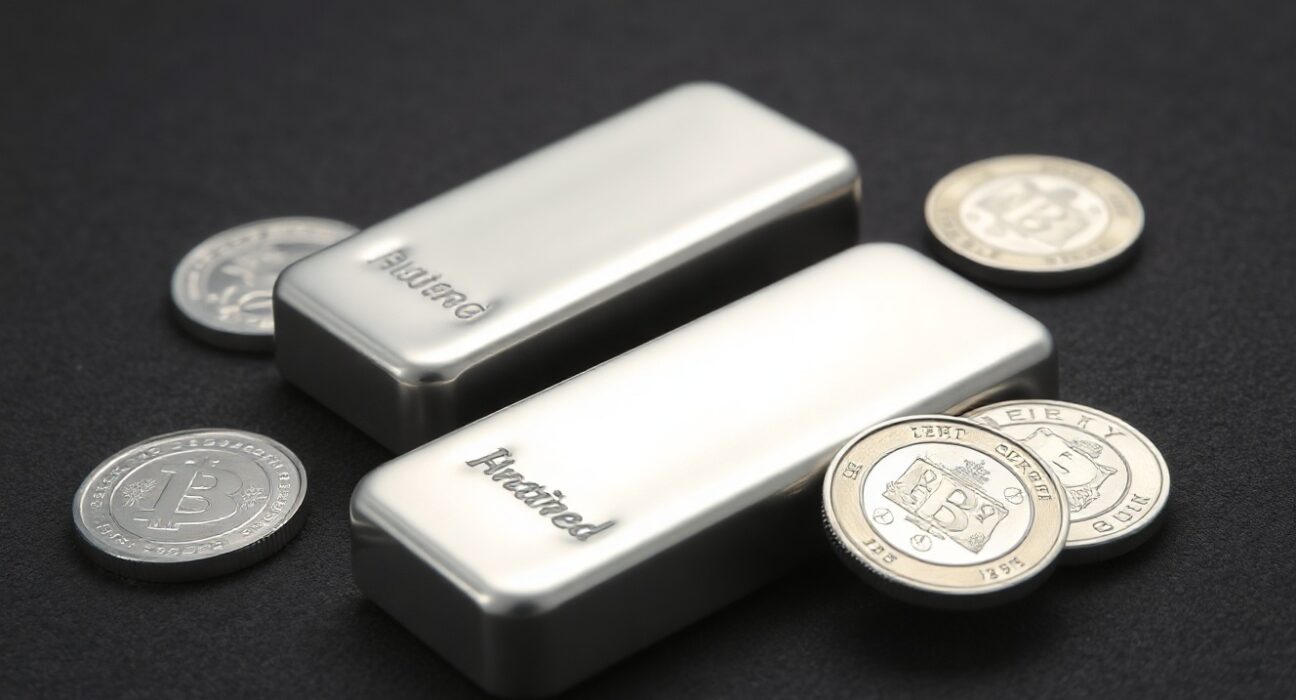 Silver bars and coins on a dark surface representing precious metals market analysis