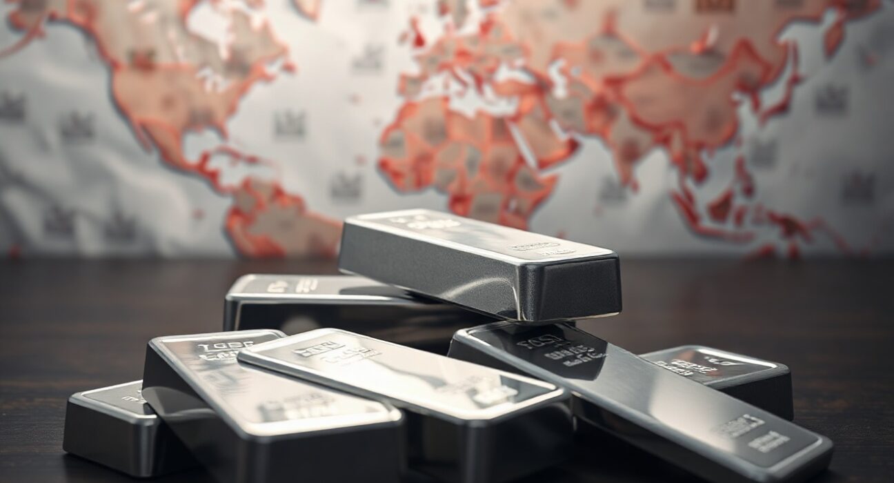 Stacked silver bars on dark surface with muted geopolitical background