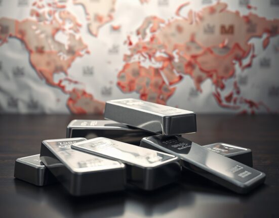 Stacked silver bars on dark surface with muted geopolitical background