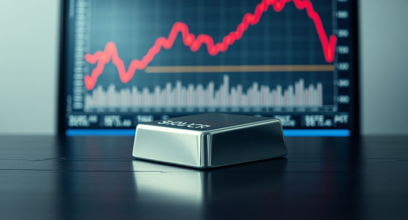 Silver bar with financial chart showing price decline, representing silver market downturn.