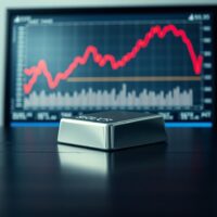Silver bar with financial chart showing price decline, representing silver market downturn.