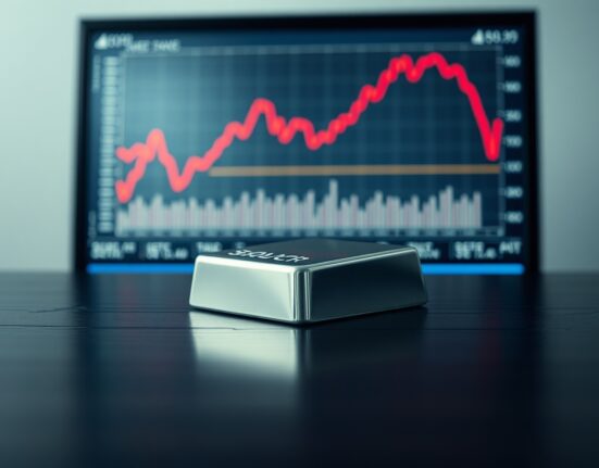 Silver bar with financial chart showing price decline, representing silver market downturn.