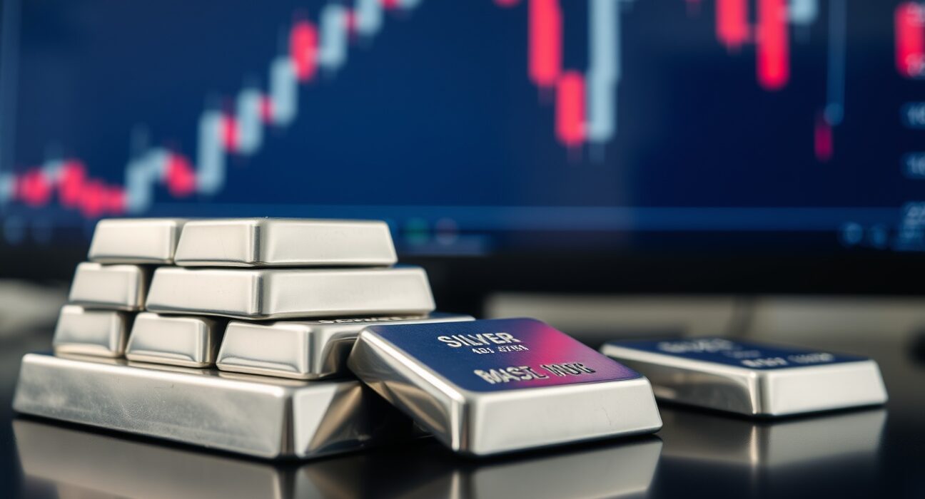 Stack of silver bullion bars with a financial chart showing a downward trend in the background