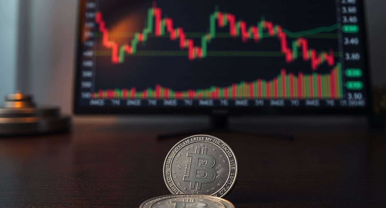 Silver coin on desk with financial chart showing moving averages in background