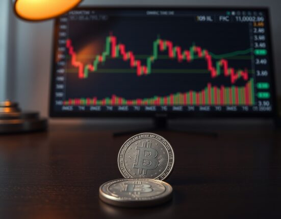 Silver coin on desk with financial chart showing moving averages in background
