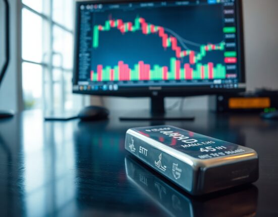Silver bar with financial charts in background representing precious metals market analysis