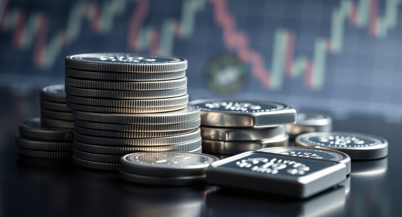 Silver bullion coins and bars on a reflective surface with a financial chart in the background