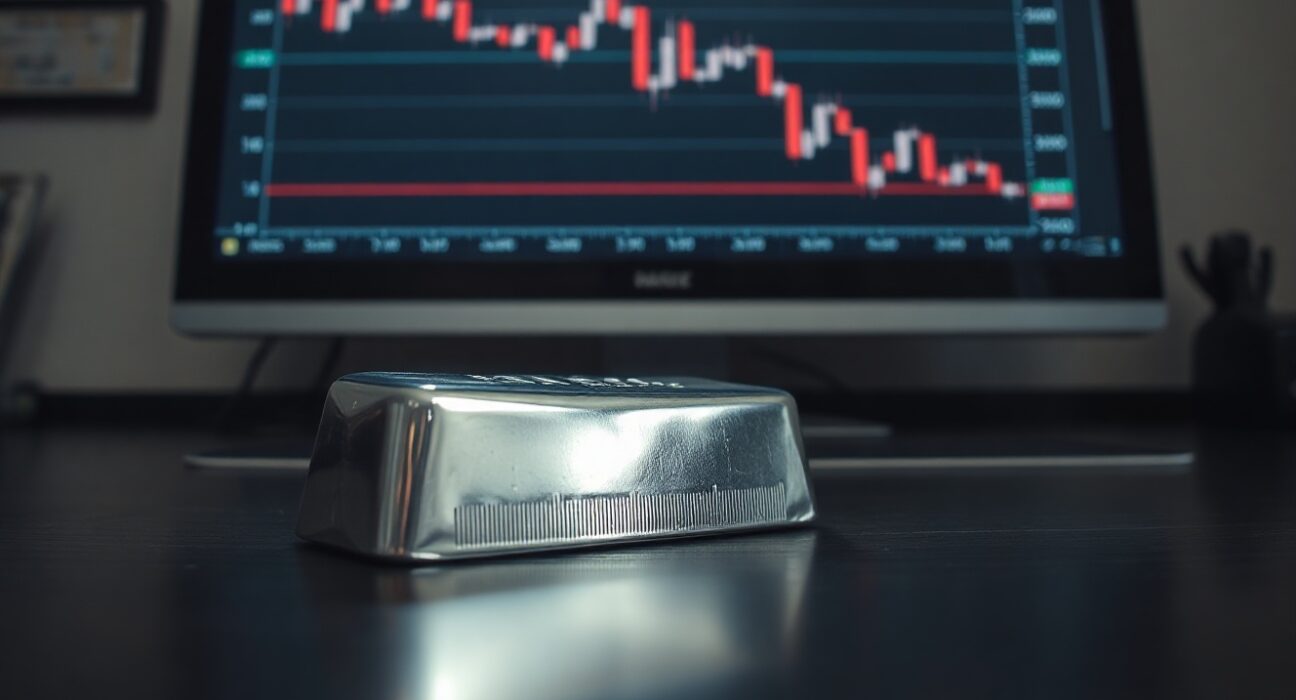Silver bar next to a computer monitor showing a bearish candlestick chart with a downward trend and 200-day moving average.