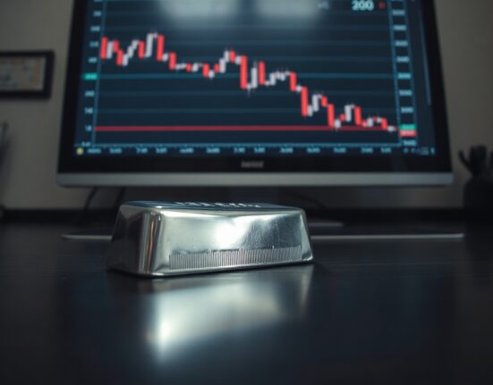 Silver bar next to a computer monitor showing a bearish candlestick chart with a downward trend and 200-day moving average.