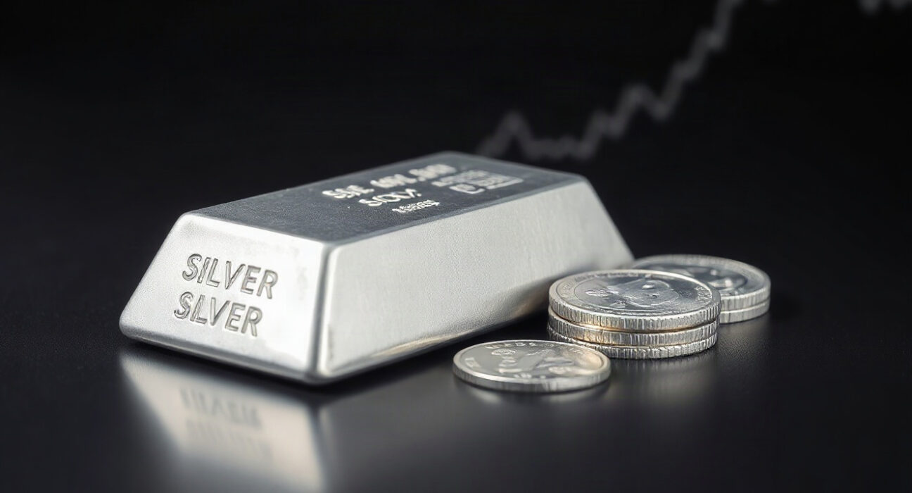 Silver bullion bars and coins on a reflective surface, representing the precious metal's price movement.
