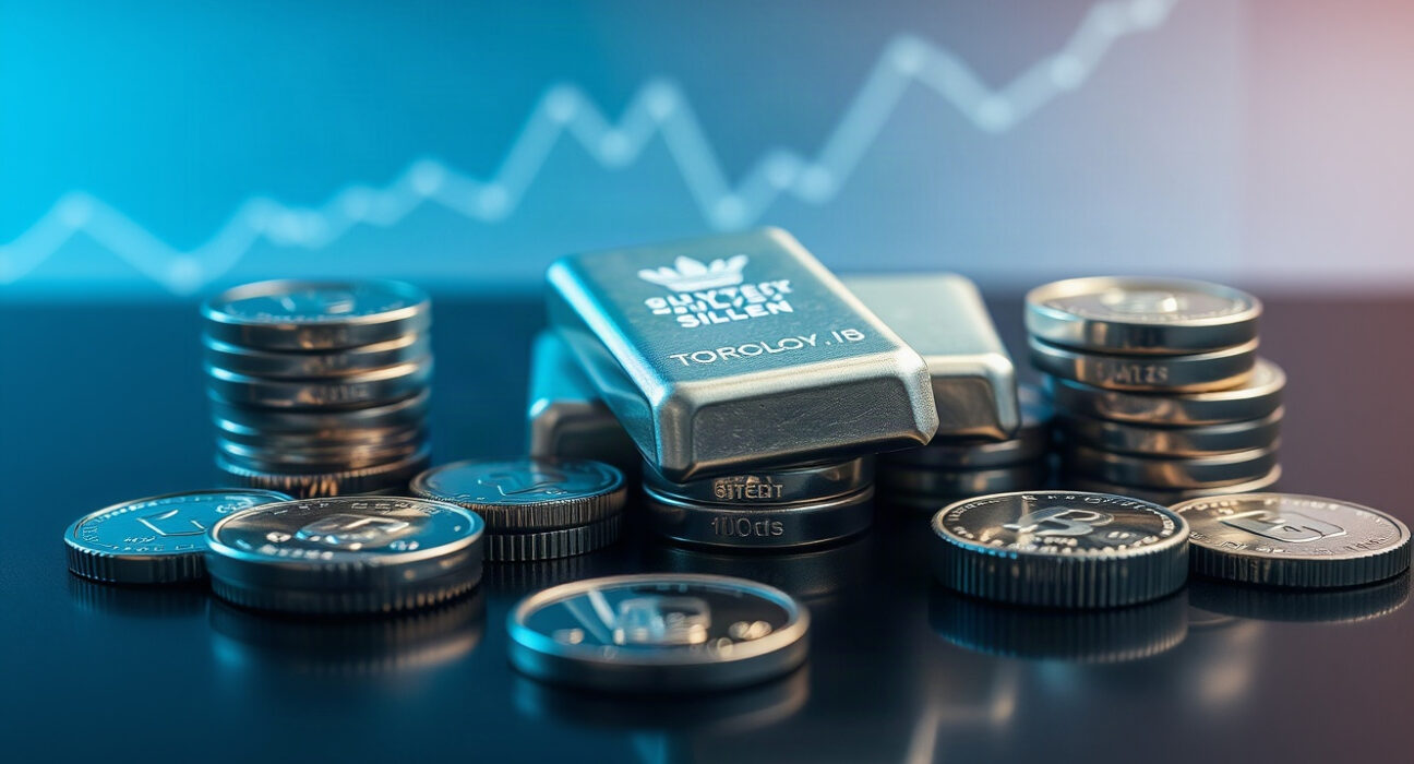 Silver bullion bars and coins with a subtle upward price chart in the background