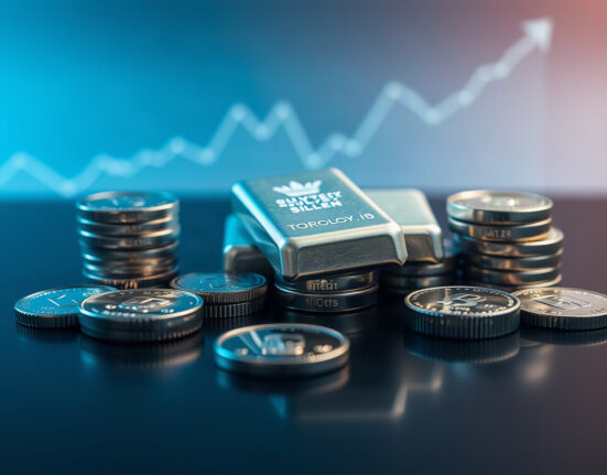 Silver bullion bars and coins with a subtle upward price chart in the background
