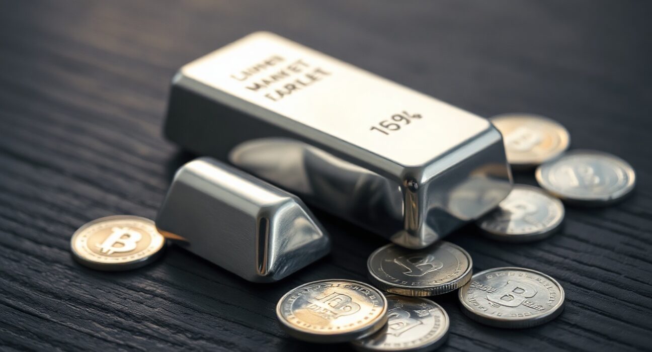 Silver bars and coins on dark wooden surface representing precious metals market and investment