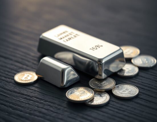 Silver bars and coins on dark wooden surface representing precious metals market and investment