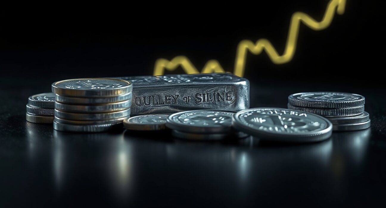 Silver bullion bar and coins with a faint upward price chart in the background