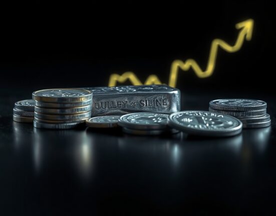 Silver bullion bar and coins with a faint upward price chart in the background