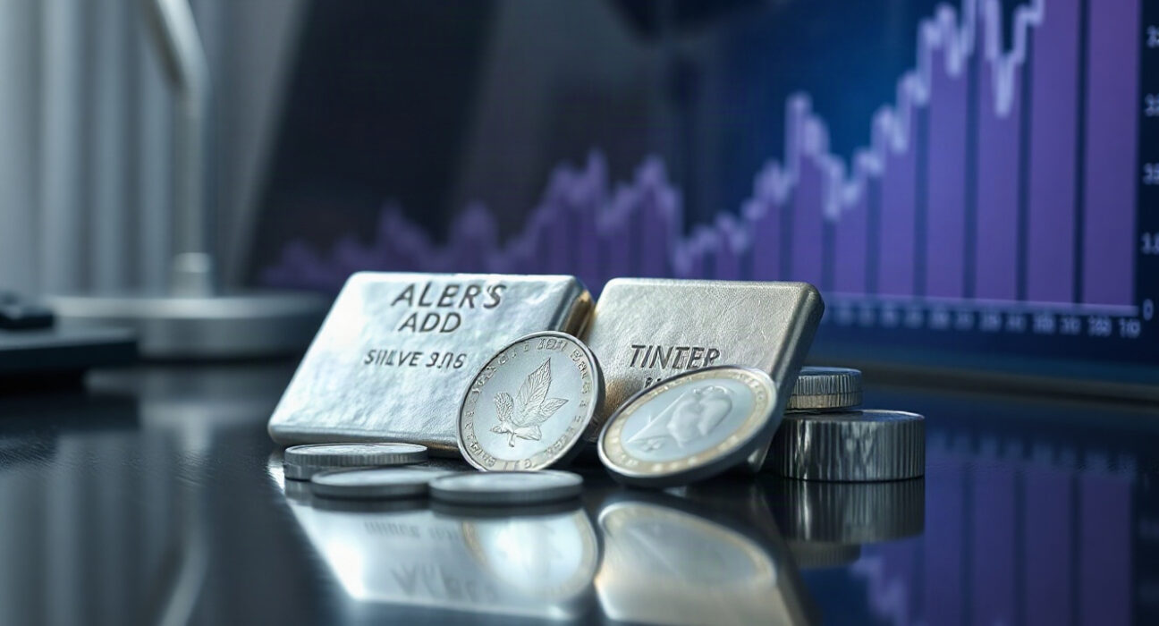 Silver bullion bar and coins with a faint upward price chart in the background, symbolizing market analysis.