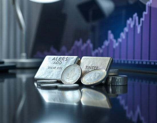 Silver bullion bar and coins with a faint upward price chart in the background, symbolizing market analysis.
