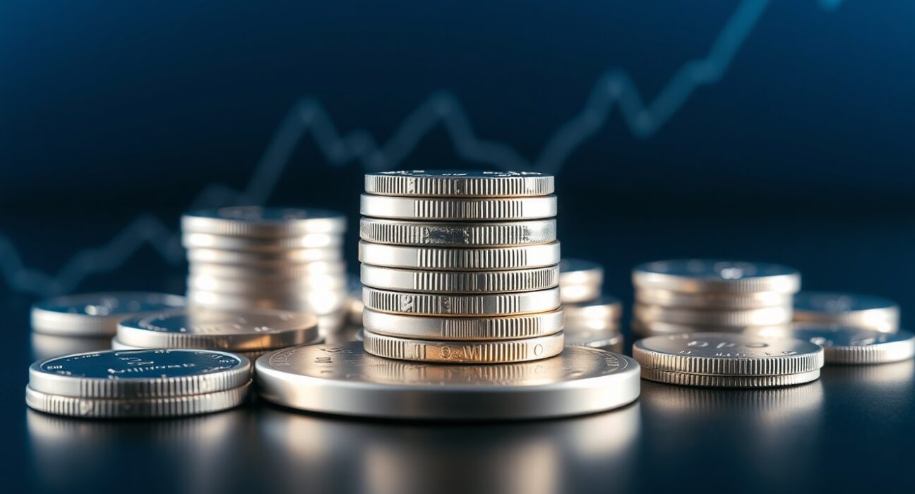 Silver bullion coins and bars with a subtle upward price chart overlay, representing silver market technical analysis.