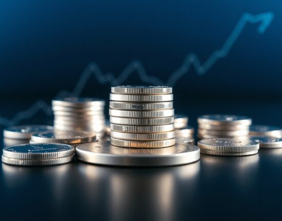 Silver bullion coins and bars with a subtle upward price chart overlay, representing silver market technical analysis.