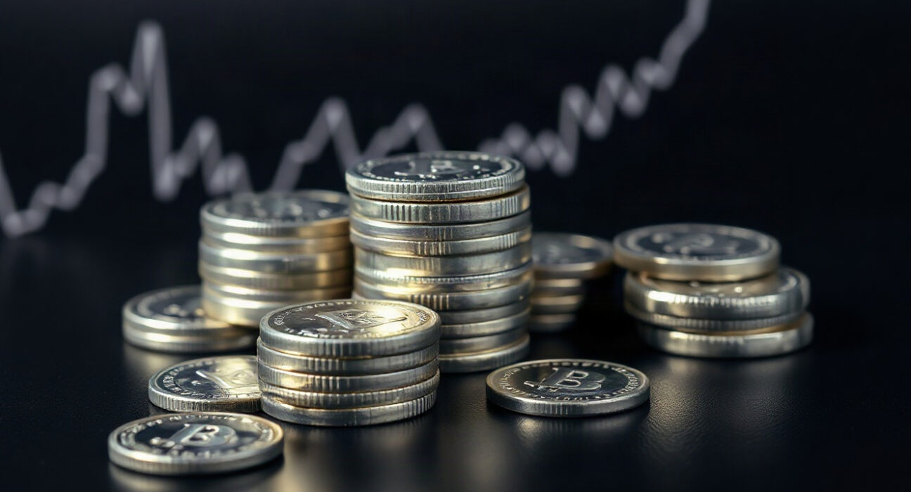 Silver bullion coins and bars on reflective surface with chart overlay