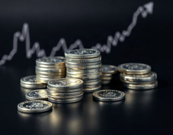 Silver bullion coins and bars on reflective surface with chart overlay