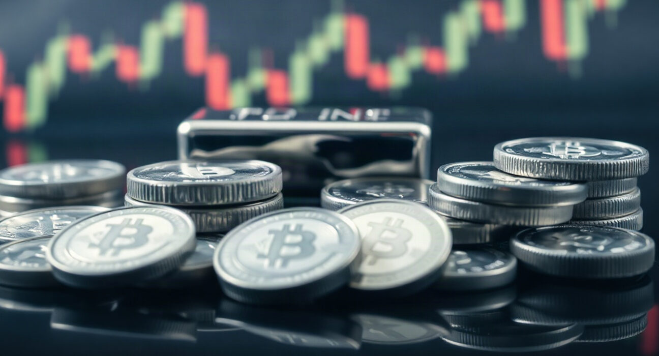 Silver coins and bars with a candlestick chart overlay, representing silver price analysis