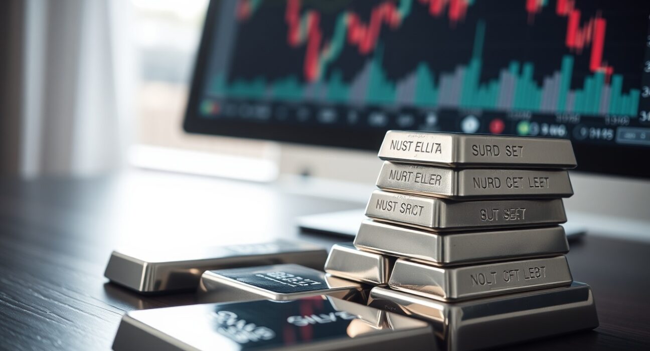 Silver bars on a dark surface with a financial chart in the background, illustrating a market correction.