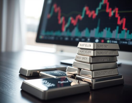 Silver bars on a dark surface with a financial chart in the background, illustrating a market correction.