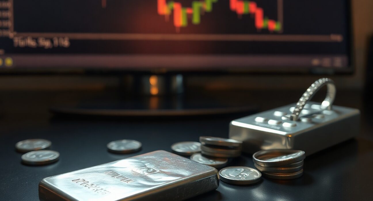 Silver bars and coins with a financial chart showing price correction in the background