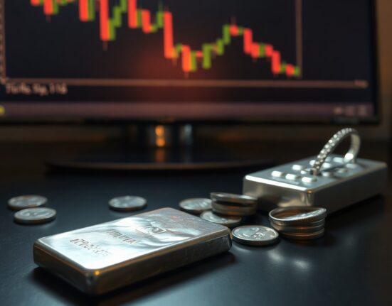 Silver bars and coins with a financial chart showing price correction in the background