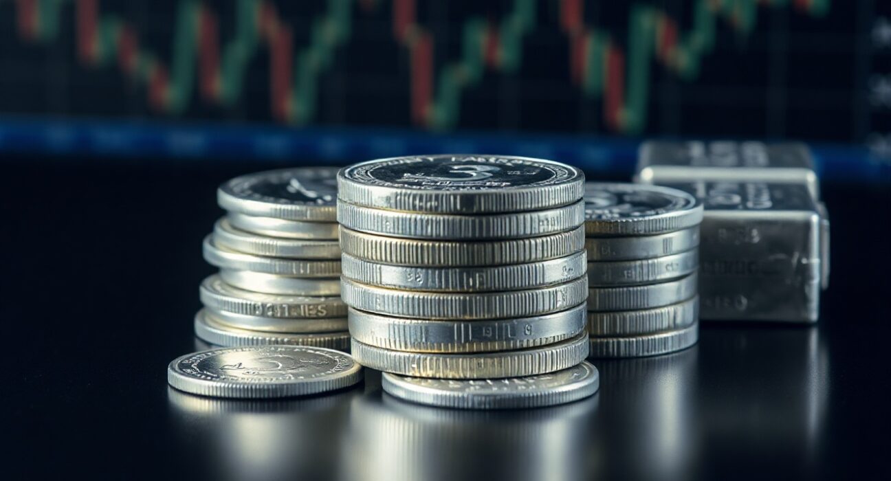 Silver bullion coins and bars on a reflective surface, symbolizing silver price movements ahead of US CPI data.
