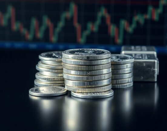 Silver bullion coins and bars on a reflective surface, symbolizing silver price movements ahead of US CPI data.