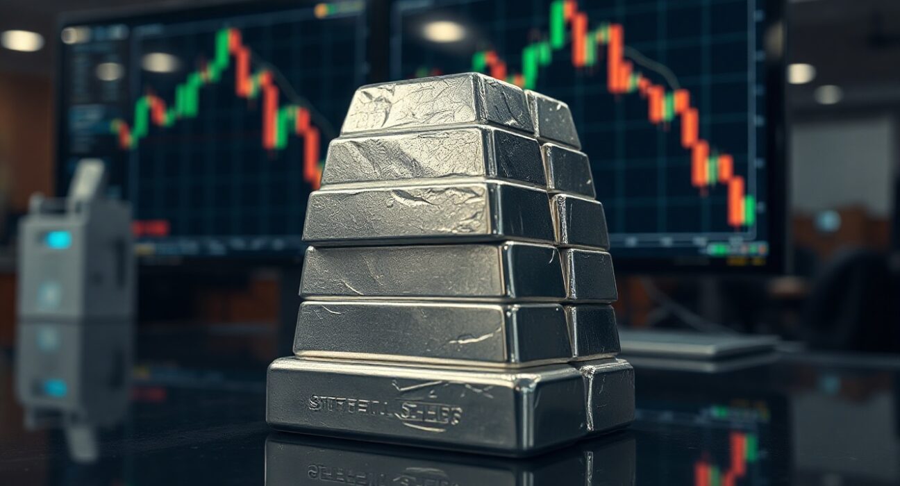 Silver bullion bars on a trading desk with a monitor showing price decline