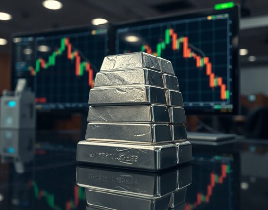 Silver bullion bars on a trading desk with a monitor showing price decline