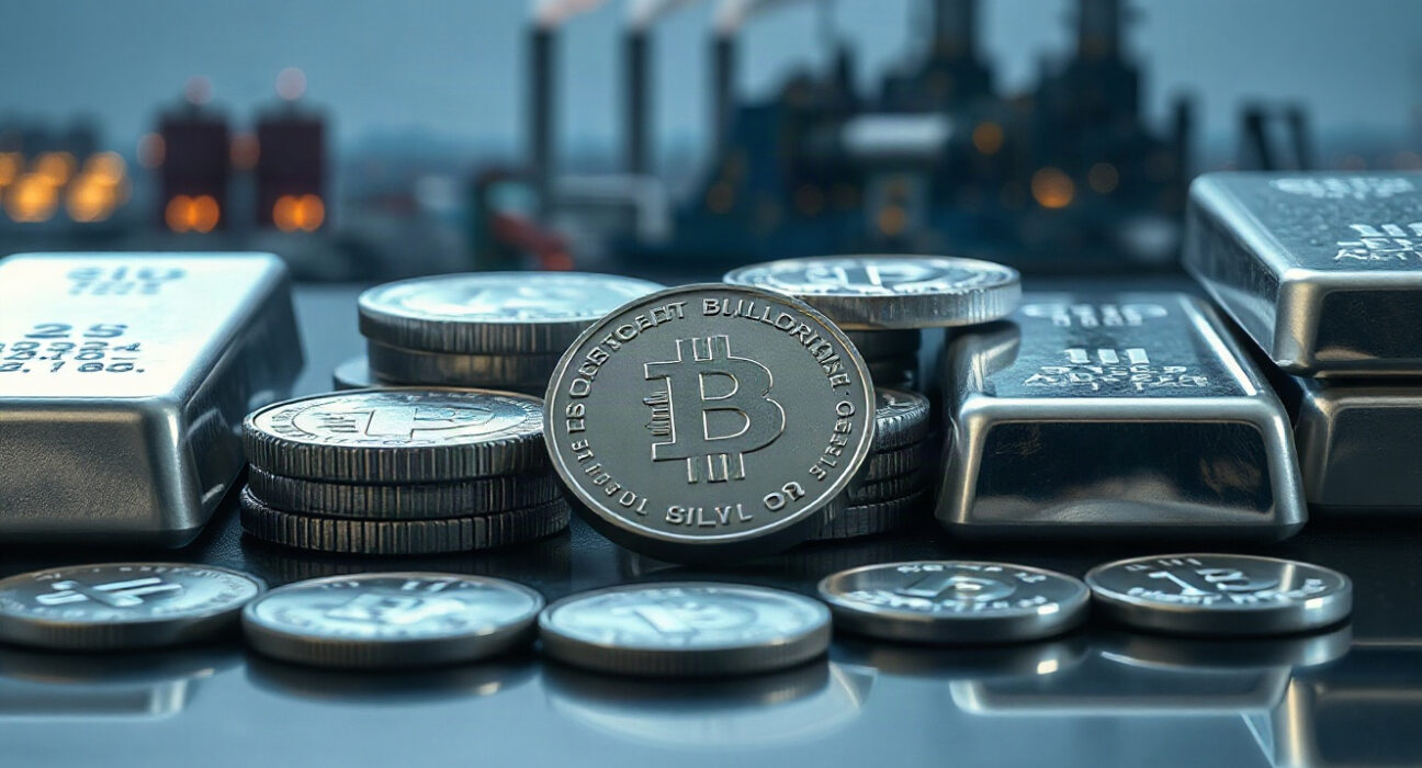 Silver bullion coins and bars on reflective surface with industrial backdrop