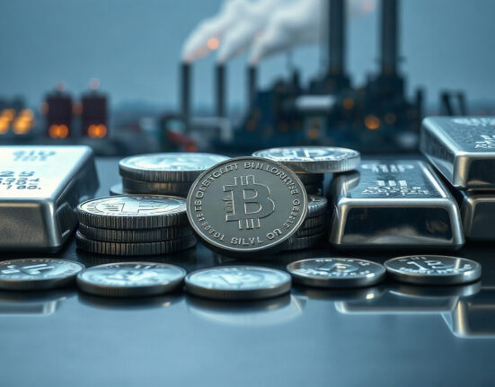 Silver bullion coins and bars on reflective surface with industrial backdrop