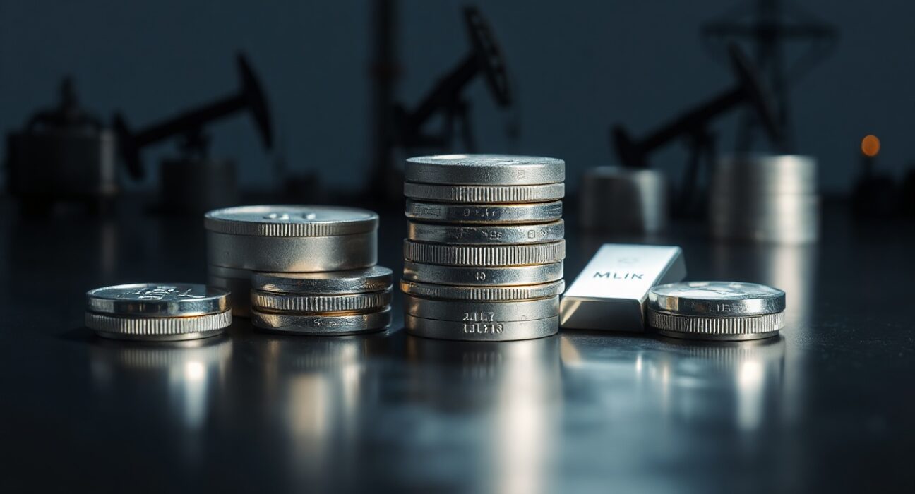 Silver bullion coins and bars with industrial energy backdrop, symbolizing the impact of energy supply concerns on silver prices.