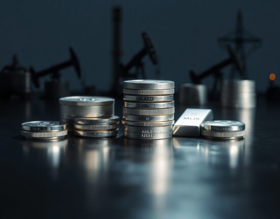 Silver bullion coins and bars with industrial energy backdrop, symbolizing the impact of energy supply concerns on silver prices.
