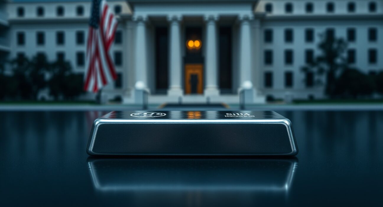 Silver bar on reflective surface with Federal Reserve building in background