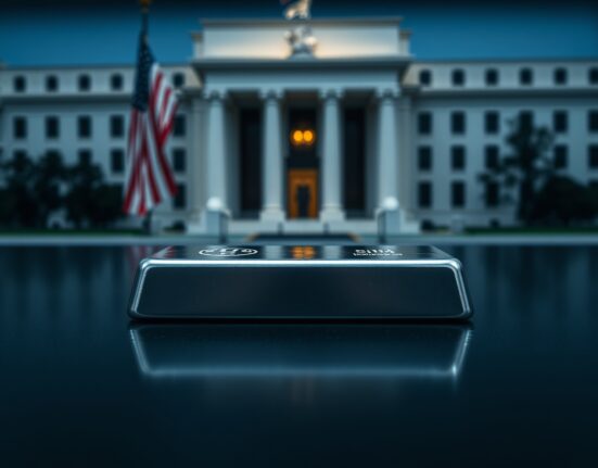 Silver bar on reflective surface with Federal Reserve building in background
