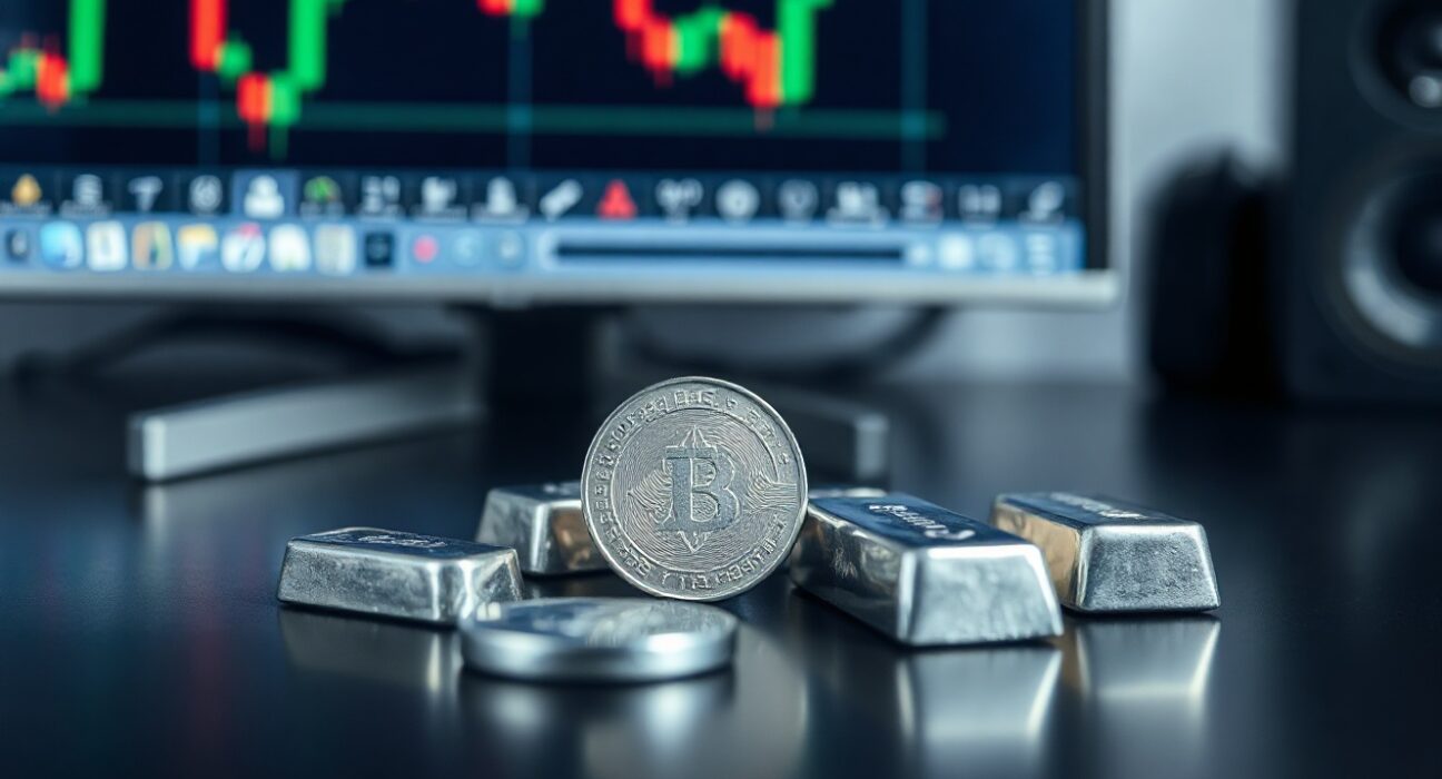 Silver coins and bars on a dark surface with a financial chart in the blurred background