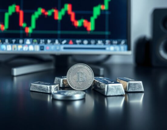 Silver coins and bars on a dark surface with a financial chart in the blurred background
