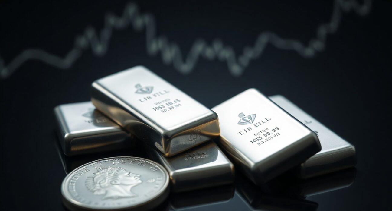 Silver bullion coin and bars on a dark surface with a subtle chart in the background, representing precious metals market analysis.